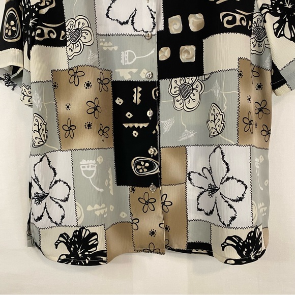 ALLISON DALEY Button Down Shirt Short Sleeve Patchwork Black Tan Size 12 Petite - Picture 4 of 7